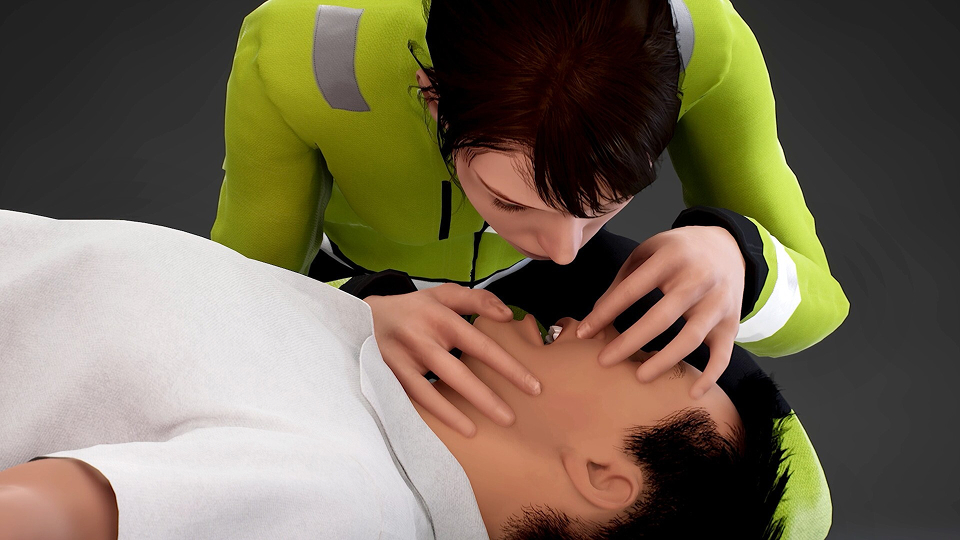 3D-animated first aid scenarios showing CPR