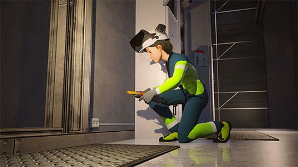3D-animated worker inspecting a floor hatch