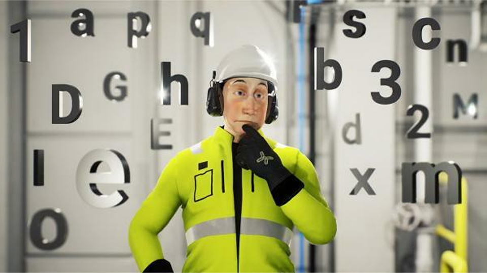 3D-animated worker studying technical content