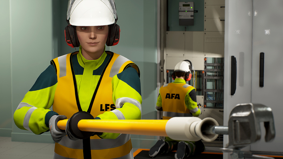 3D-animated workers in safety gear with an insulated tool outside an electrical cabinet