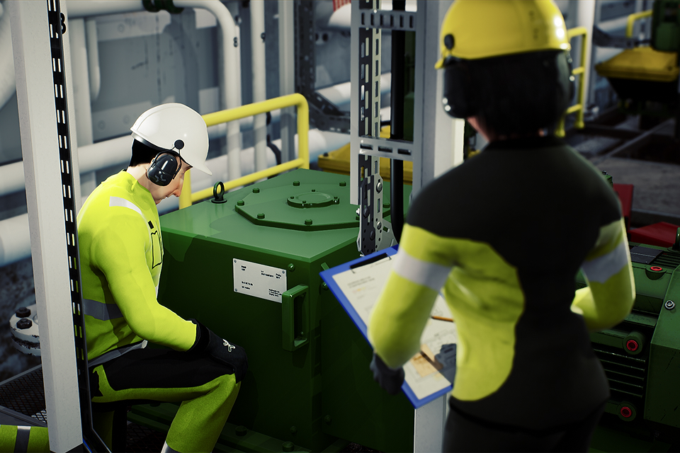 3D-animated workers inspecting industrial machinery