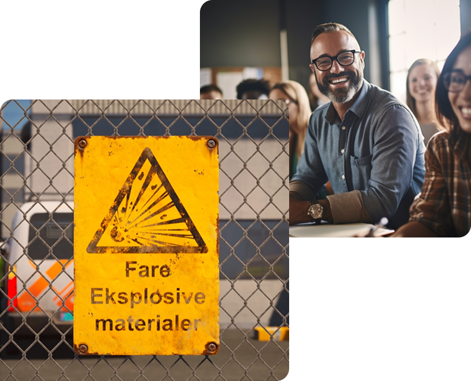 Collage showing an explosive materials warning sign and an engaged group of smiling course participants