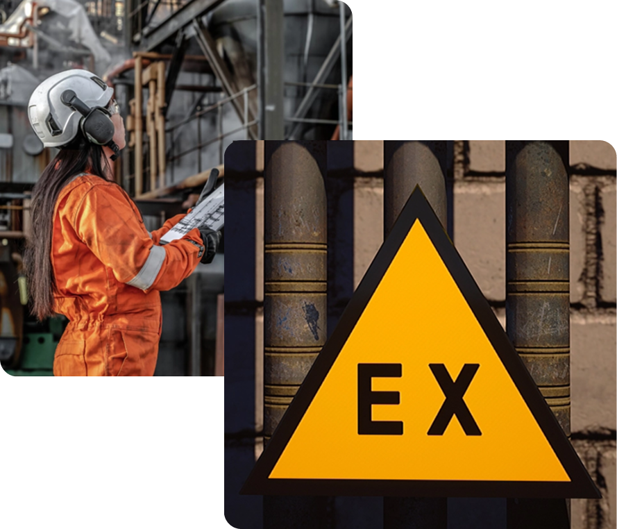 Collage showing an industrial worker in a hazardous area and an Ex warning sign