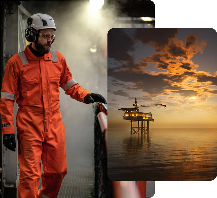 Collage showing an offshore worker and offshore oil and gas platform at sunset