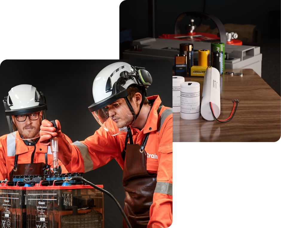 Collage showing battery technology two technicians in PPE working on a battery