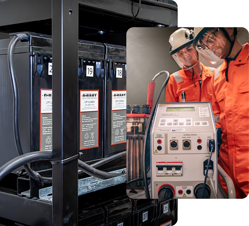 Collage showing battery technology work a battery rack installation, workers inspecting electrical equipment