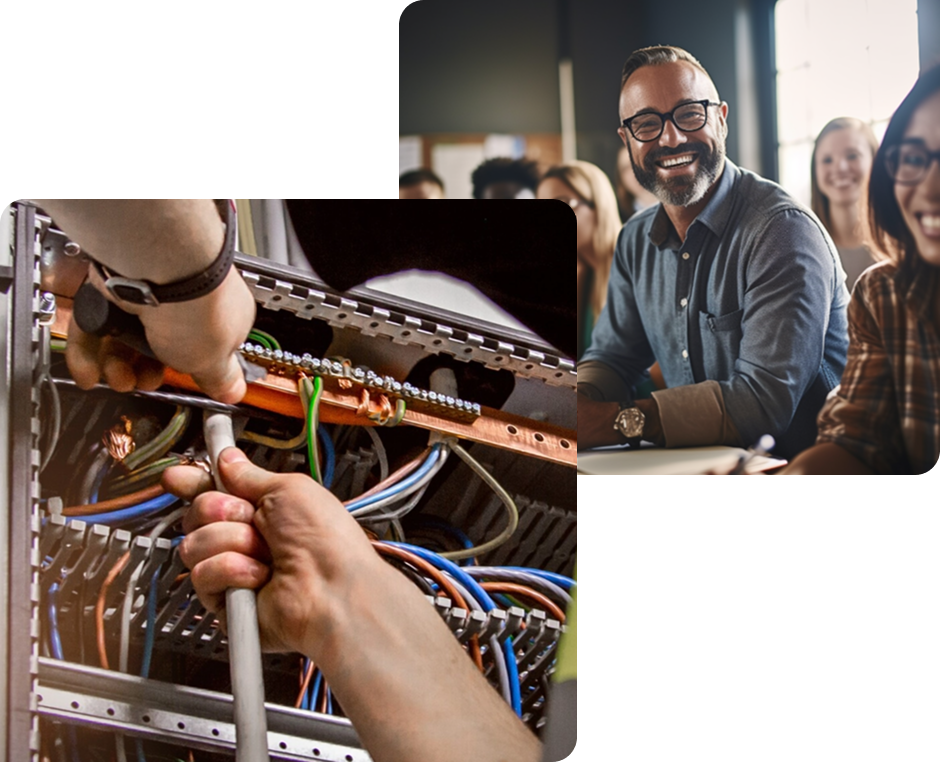 Collage showing hands working on electrical wiring and an engaged group of smiling course participants