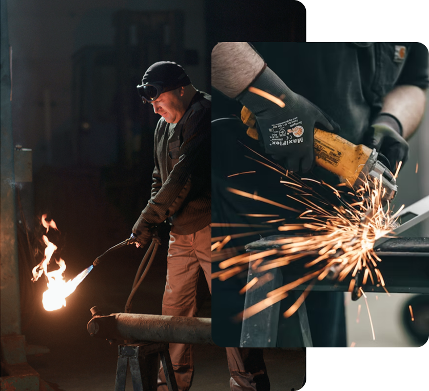 Collage showing hot work activities with flames and sparks