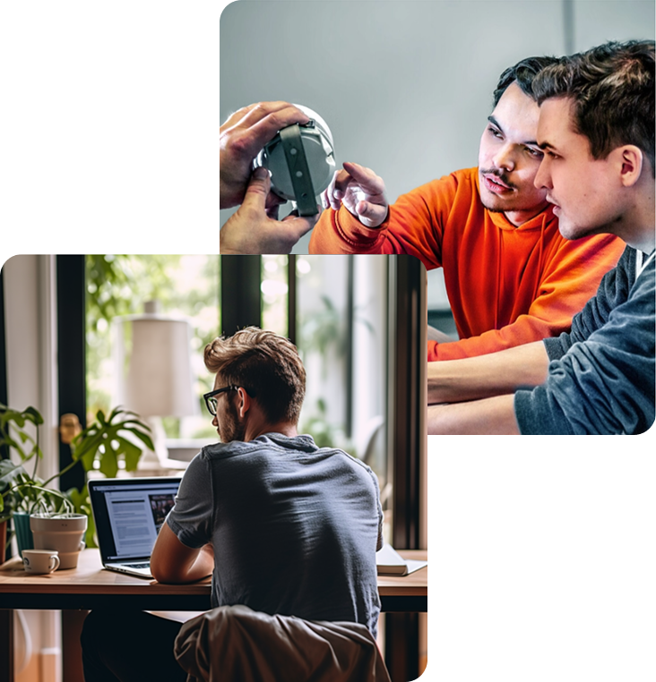 Collage showing technical training participants and a learner completing an e-learning course