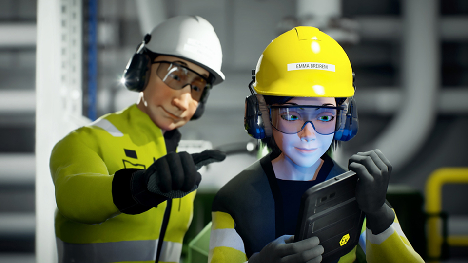 Two 3D-animated workers in safety gear reviewing information on a tablet in an industrial setting.