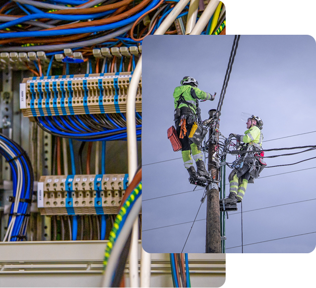 a close-up of electrical wiring, and workers on a utility pole-1