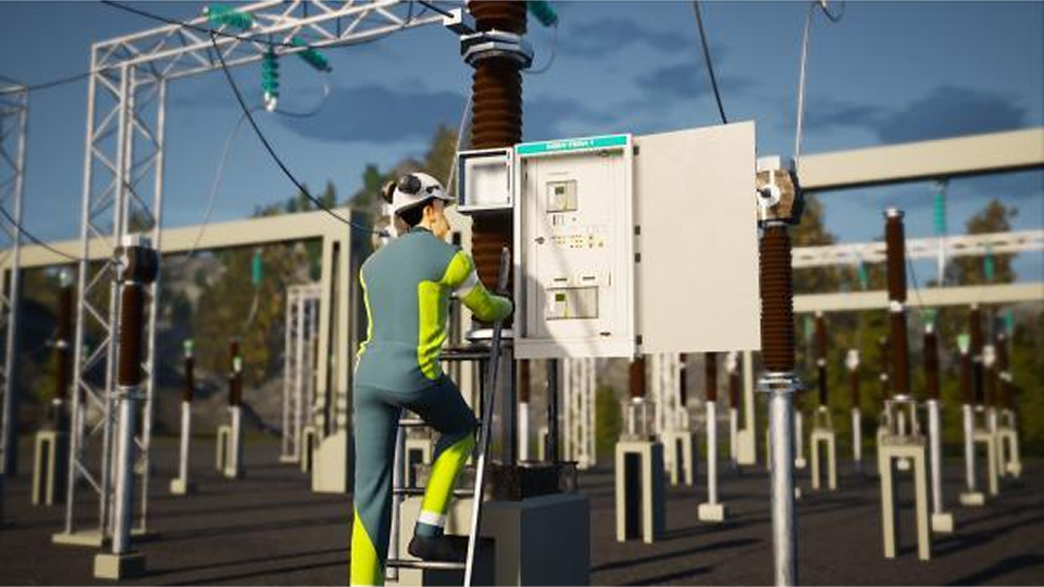 3D-animated worker on a ladder inspecting an electrical cabinet at a power substation.