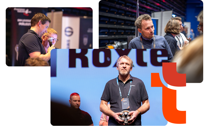 Collage from a Trainor conference with attendees, networking, and a keynote speaker
