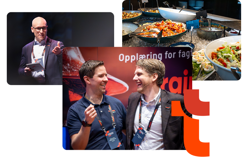 Collage from a Trainor event featuring a speaker on stage, a food buffet, and two attendees laughing together