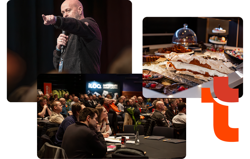 Collage from a Trainor event featuring a speaker with a microphone, a dessert buffet, and an engaged audience in a conference hall