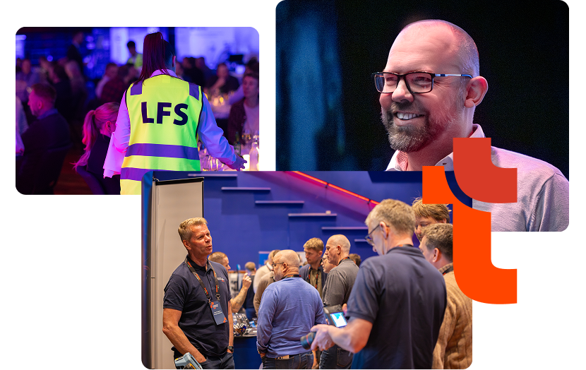 Collage from a Trainor event with a staff member in a high-vis vest, a smiling speaker, and attendees networking