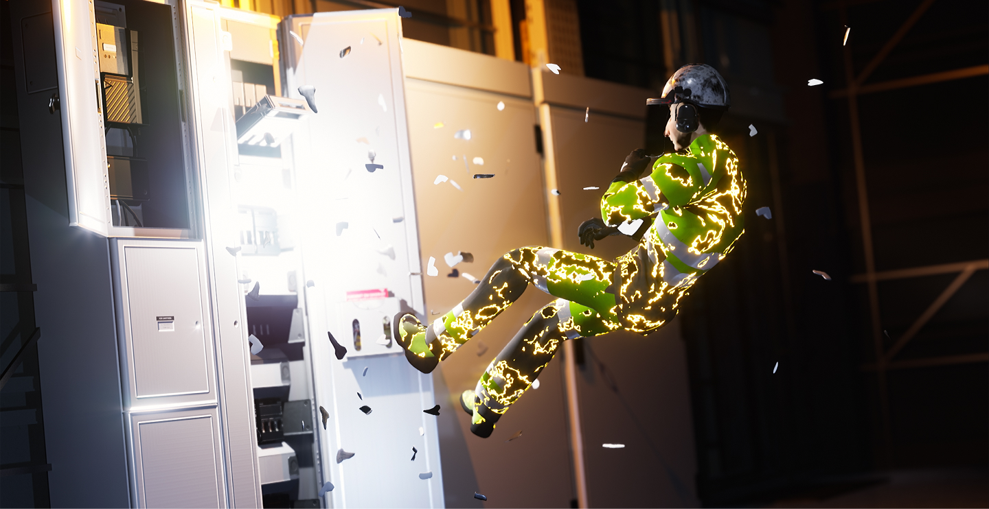 3D animation of a worker being electrocuted by an electrical cabinet